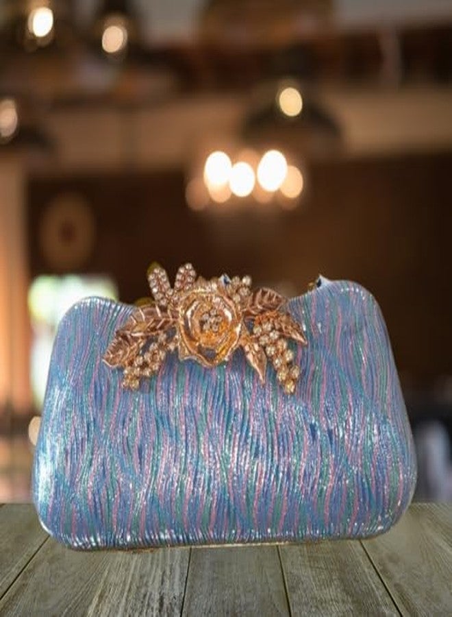 VINNIE Elegant Glitter Clutch Purse for Women with Floral Clasp | Evening Party Handbag for Wedding & Special Occasions (Blue) - Image 5